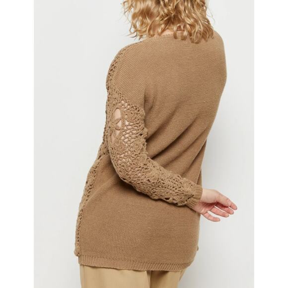 All Points by Reference Point Crochet Knit Front Sweater Round Neck Tan Womens M - Picture 2 of 9